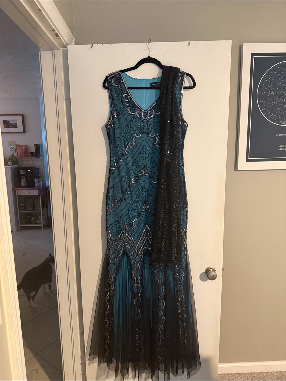 Teal Beaded Flapper Dress with Black Sheer Overlay